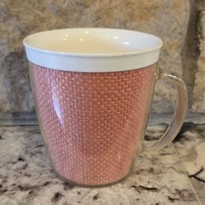 Retro MCM Vintage Pink Raffia Burlap Wicker Insulated Plastic Coffee Mug Cup EUC
